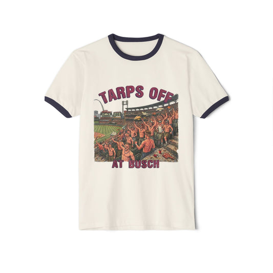 TARPS OFF AT BUSCH Ringer Tee | St. Louis Baseball Bootleg Shirt | 5.15.26 Walk-Off Tribute | Cheap Seat Co.