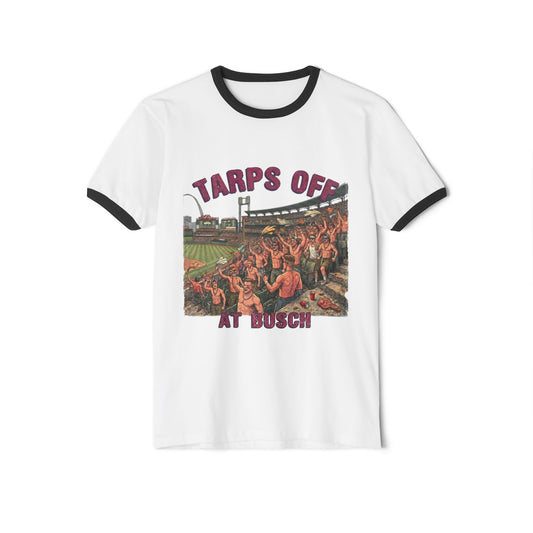 TARPS OFF AT BUSCH Ringer Tee | St. Louis Baseball Bootleg Shirt | 5.15.26 Walk-Off Tribute | Cheap Seat Co.
